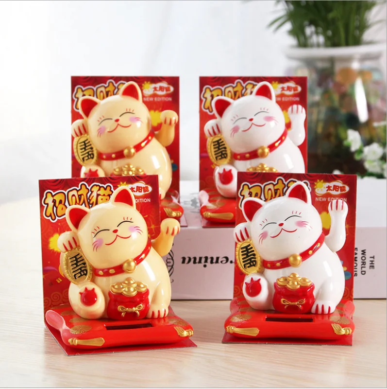 Ornament Crafts Cat Figurine Decoration Cat Figurines Miniature Figurines Resin Crafts Fashion Solar Powered Maneki Neko Welcoming Fortune Cat Lucky Home Car Hotel Restaurant Decor Craft