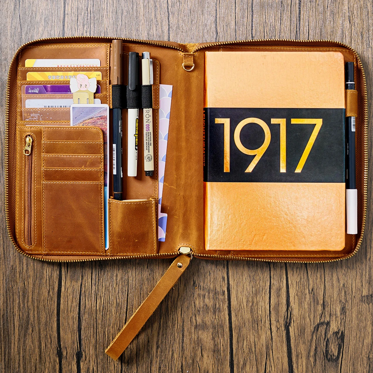 Hobonichi Cousin leichtturm 1917 용 가죽 지퍼 A5 노트북 폴리오, 저널 고급스러운 지퍼 포트폴리오 정리 플래너 커버