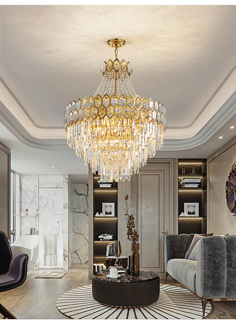 Description Picture 4 of item2024 Crystal Large Ceiling Chandelier Hotel Project Big Luxury Hanging Lamps over Foyer Dining Room