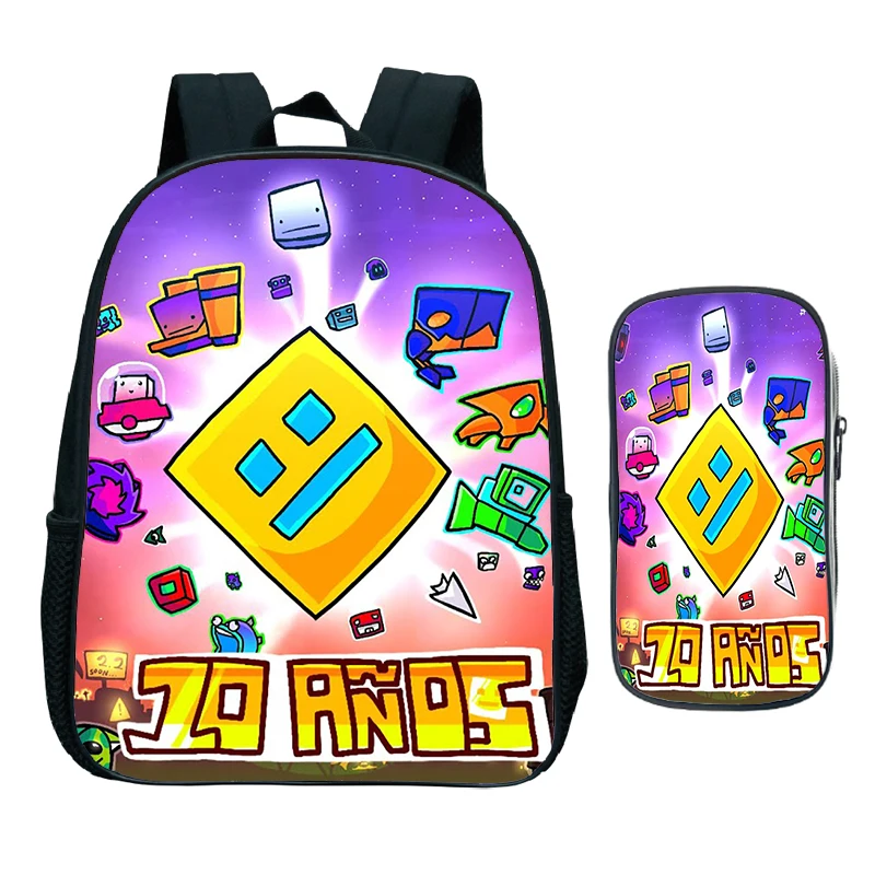 Ensemble de sac à dos Geometry Dash 3D Print pour enfants, sac d'école étanche pour garçons et filles d'âge alth, sac de maternelle de dessin animé en colère, 2 pièces