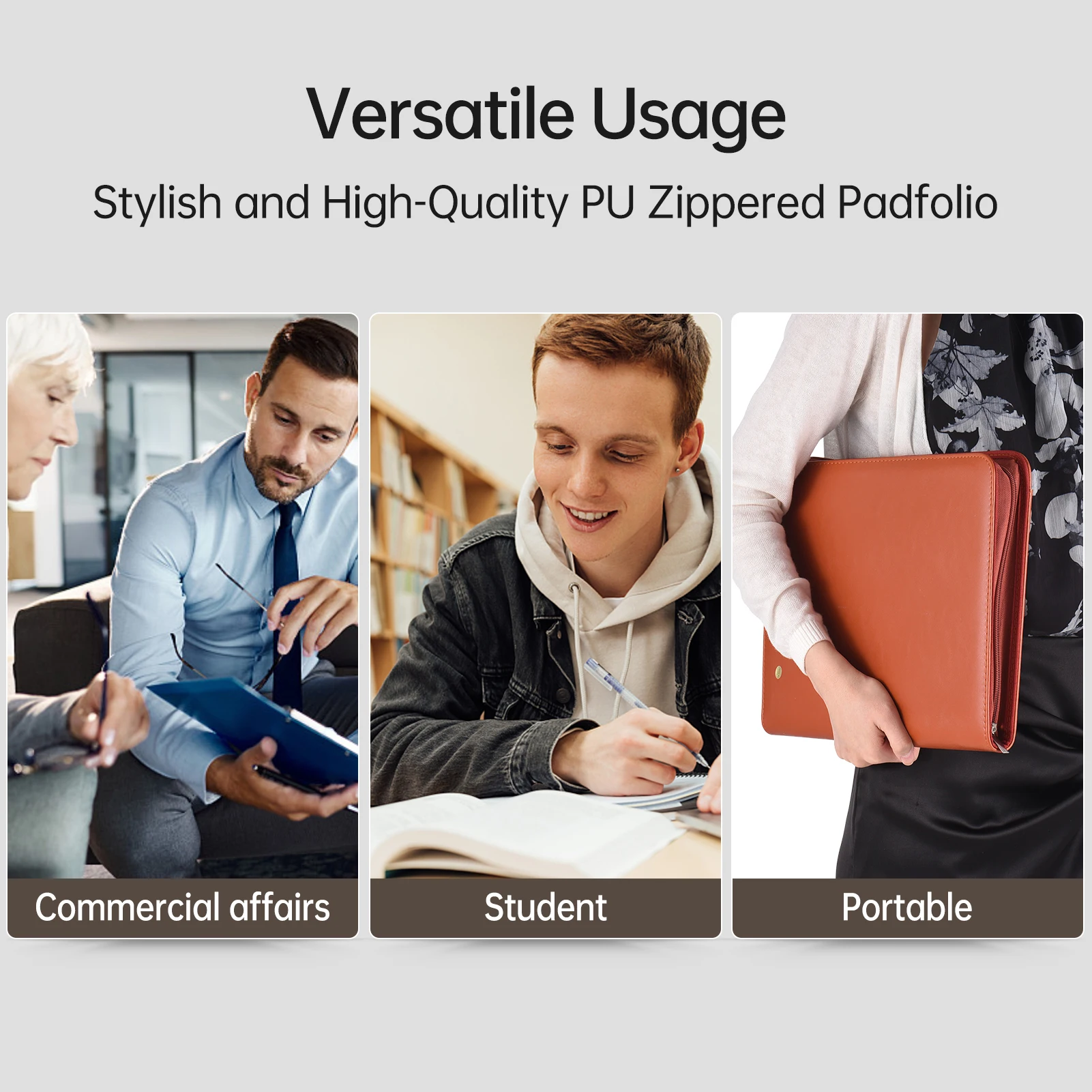 Zippered Padfolio A4 PU Leather Portfolio Organizer for Interview Resume Document Planner Agenda Schedule Tablet Sleeve Holder