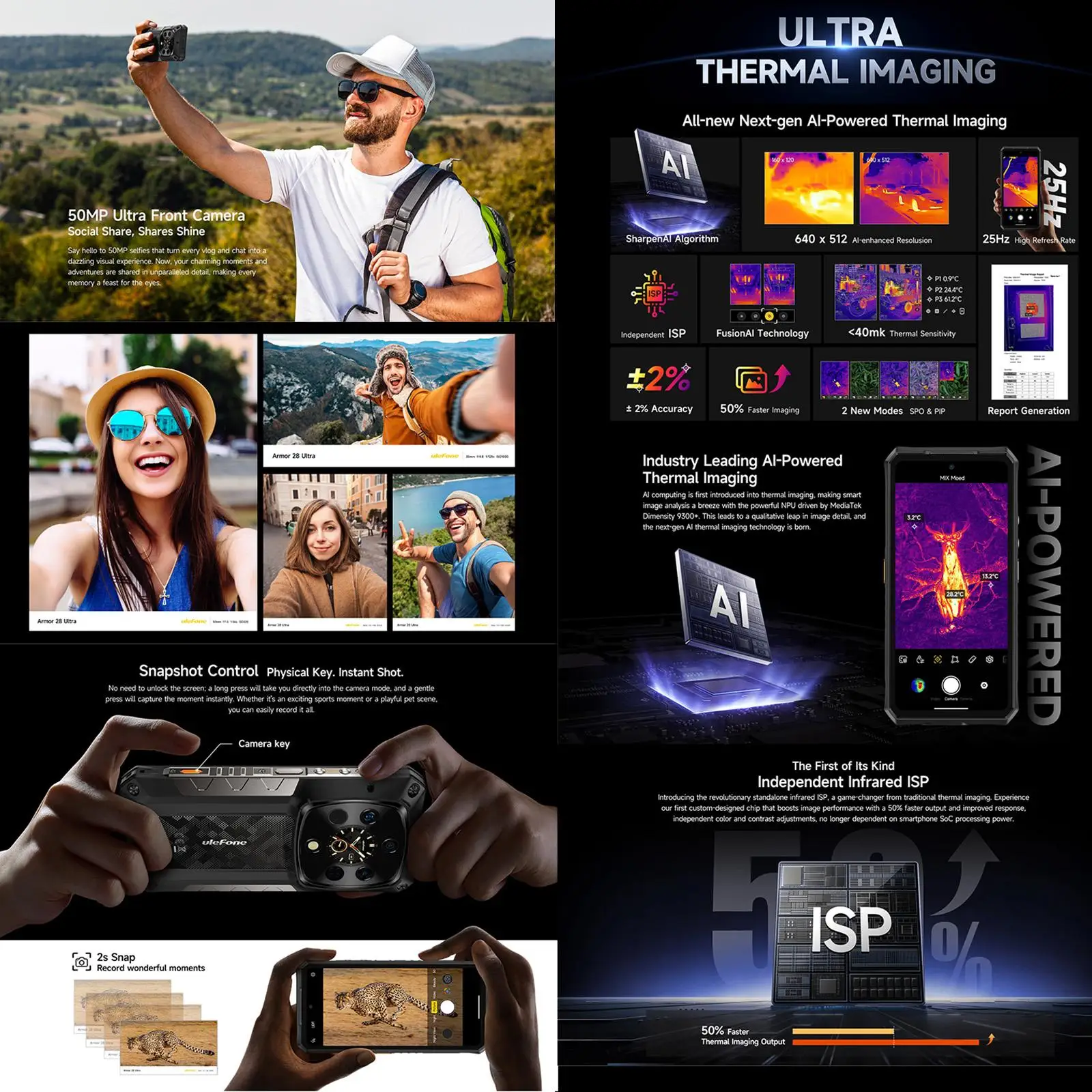 Ulefone Armor 28 Ultra 5G AI Thermal Imaging Rugged Phone 16GB+1TB Smartphone Android 14 AMOLED 6.67" Dimensity 9300+ 120W 5G