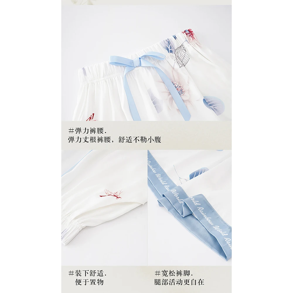 M-3XL Ice Silk Satin Trousers Sets Summer Thin Short Sleeve Sleepwear Women's Pajamas Shorts National Style Vintage Pyjama Cool