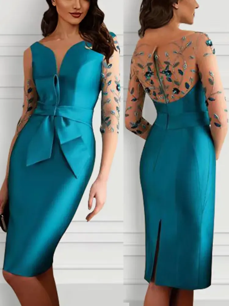 Formal Cocktail Dresses V-Neck Backless Knee-Length Illusion Lace Appliques Ladylike Evening Party Dress Prom Dress