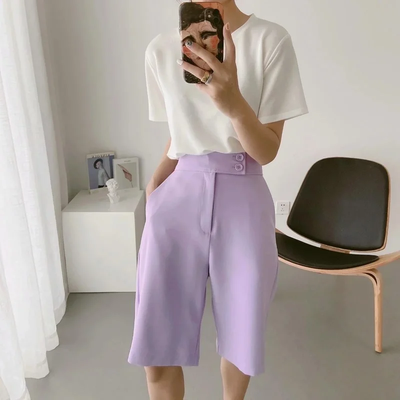 Chic Purple Shorts with Button 2023 Summer Women Solid Colors High Waist Wide Leg Shorts Girl Simple Sweet Casual Commute Shorts