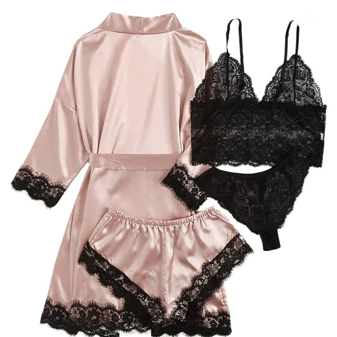

European and American ladies pajamas four-piece set erotic underwear plus size loungewear manufacturers new lace