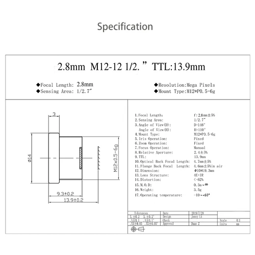 카메라 렌즈 CCTV M12 마운트 HD 3MP 2.8mm Apeture F2.4 포맷 1/2.7 ", 감시 보안 카메라 용 3