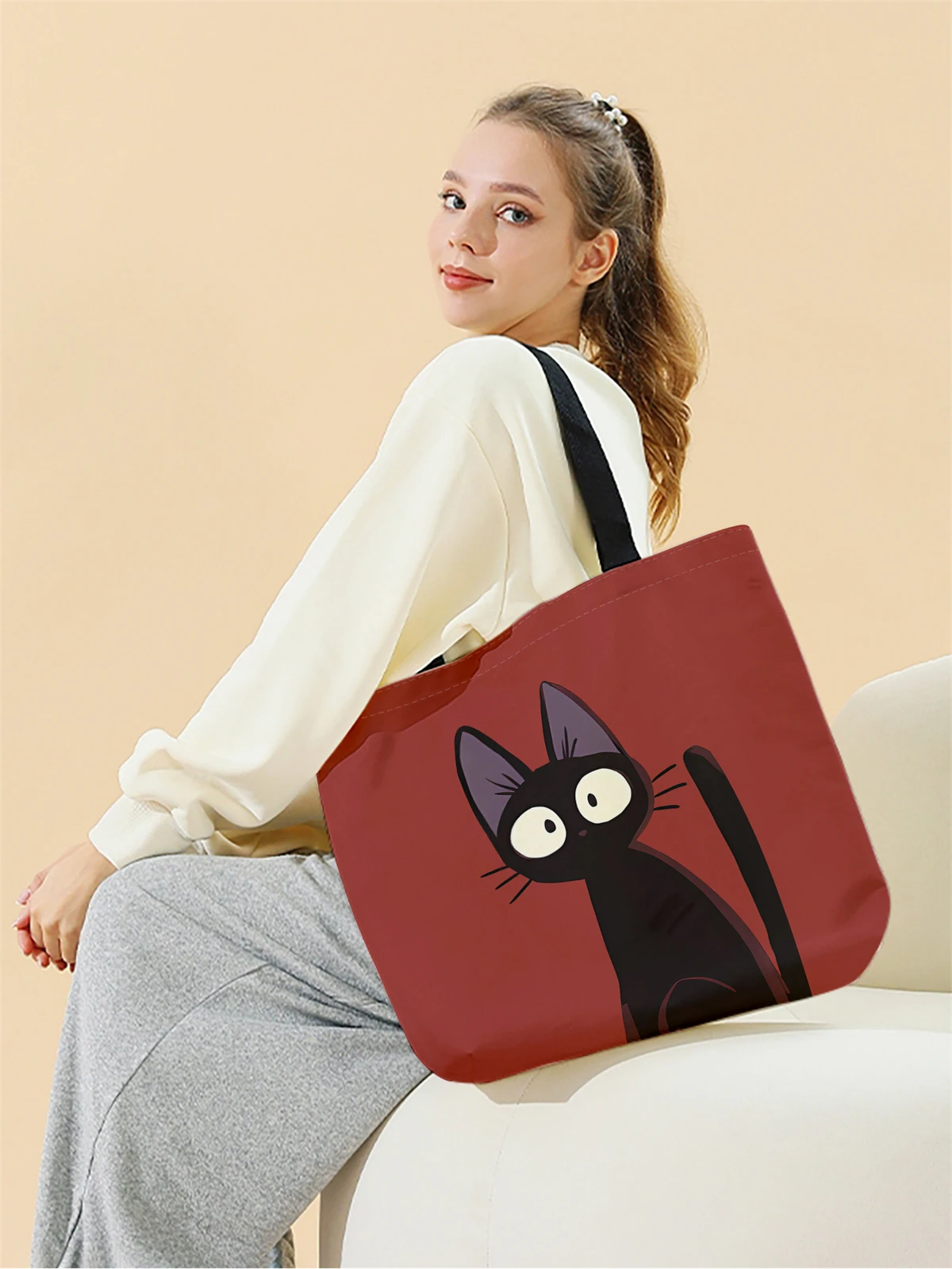 1pc,Gaze Cat handbag, reusable fashionable handbag, multifunctional handbag, printed canvas shopping bag