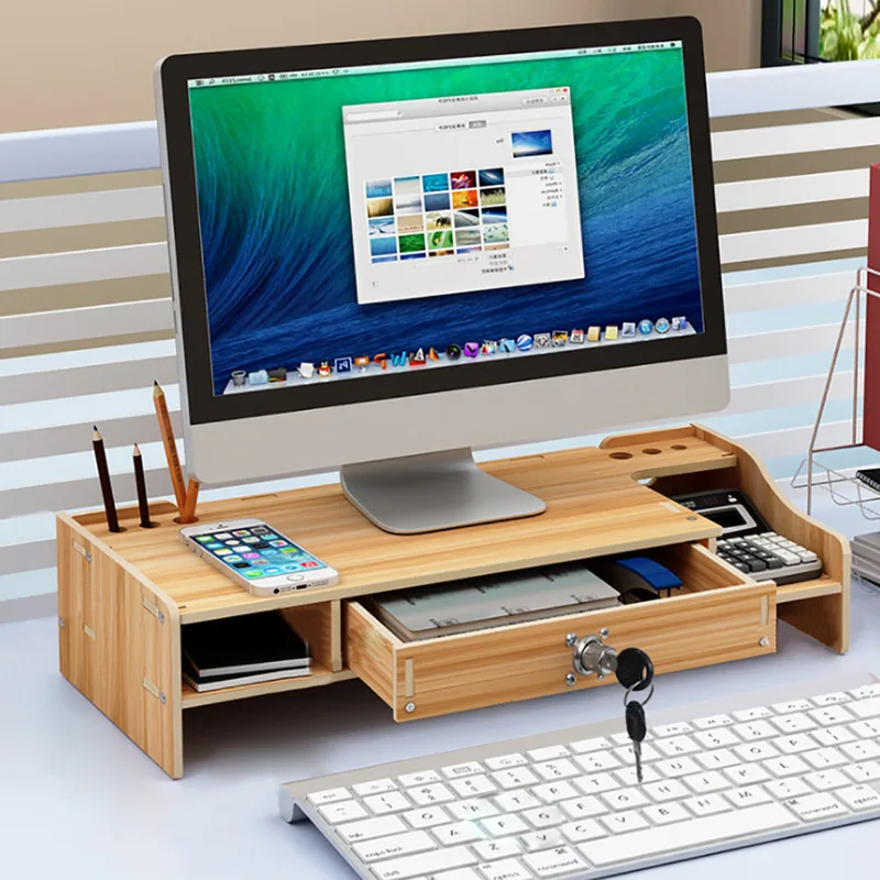 Desk Organizer Monitor Stand Built Storage Drawer with Phone Holder Display Cabinet Wooden Box Office Supplies