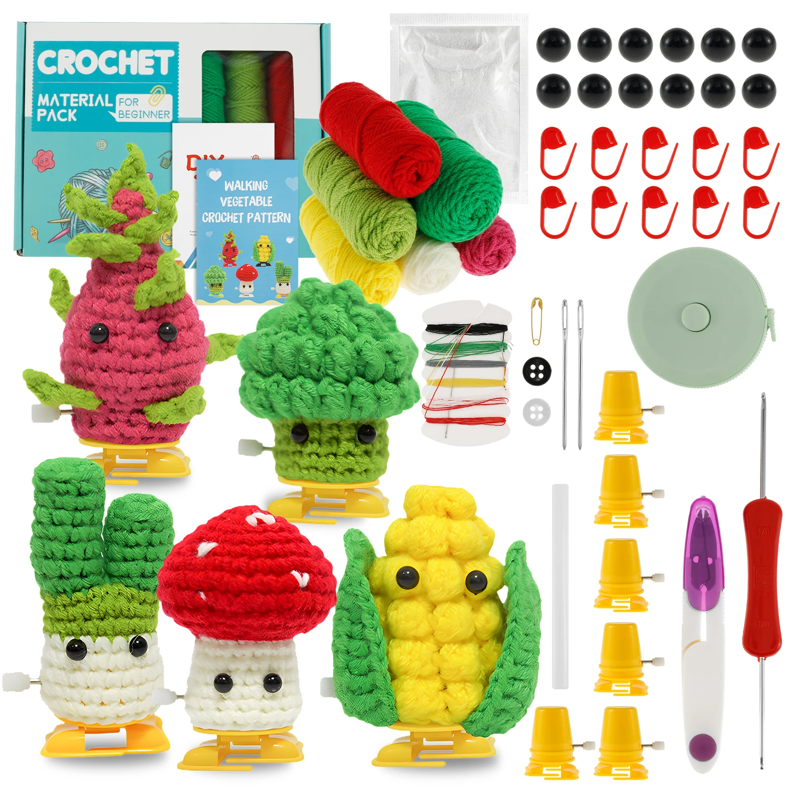 5Pcs Crochet Hooks Kit for Beginners Adults DIY Knitting Crochet Bags Kit Adorable Vegetables Starter 6 Colors Yarns