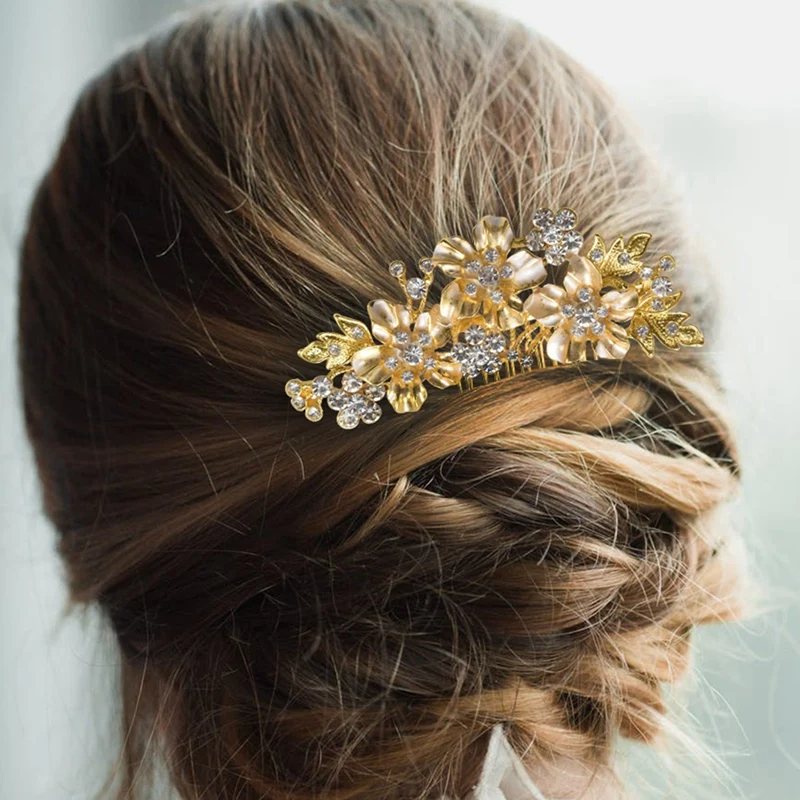 2X Wedding Bridal Hair Combs Vintage Imitation Crystal Hairpins Prom Jewelry Flower Pattern Hair Accessories Women Gold