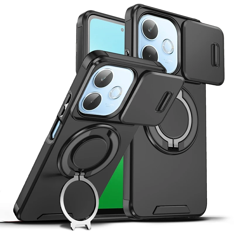 Slide Camera Lens Armor Phone Case with Magnetic Holder Ring and Protective Cover