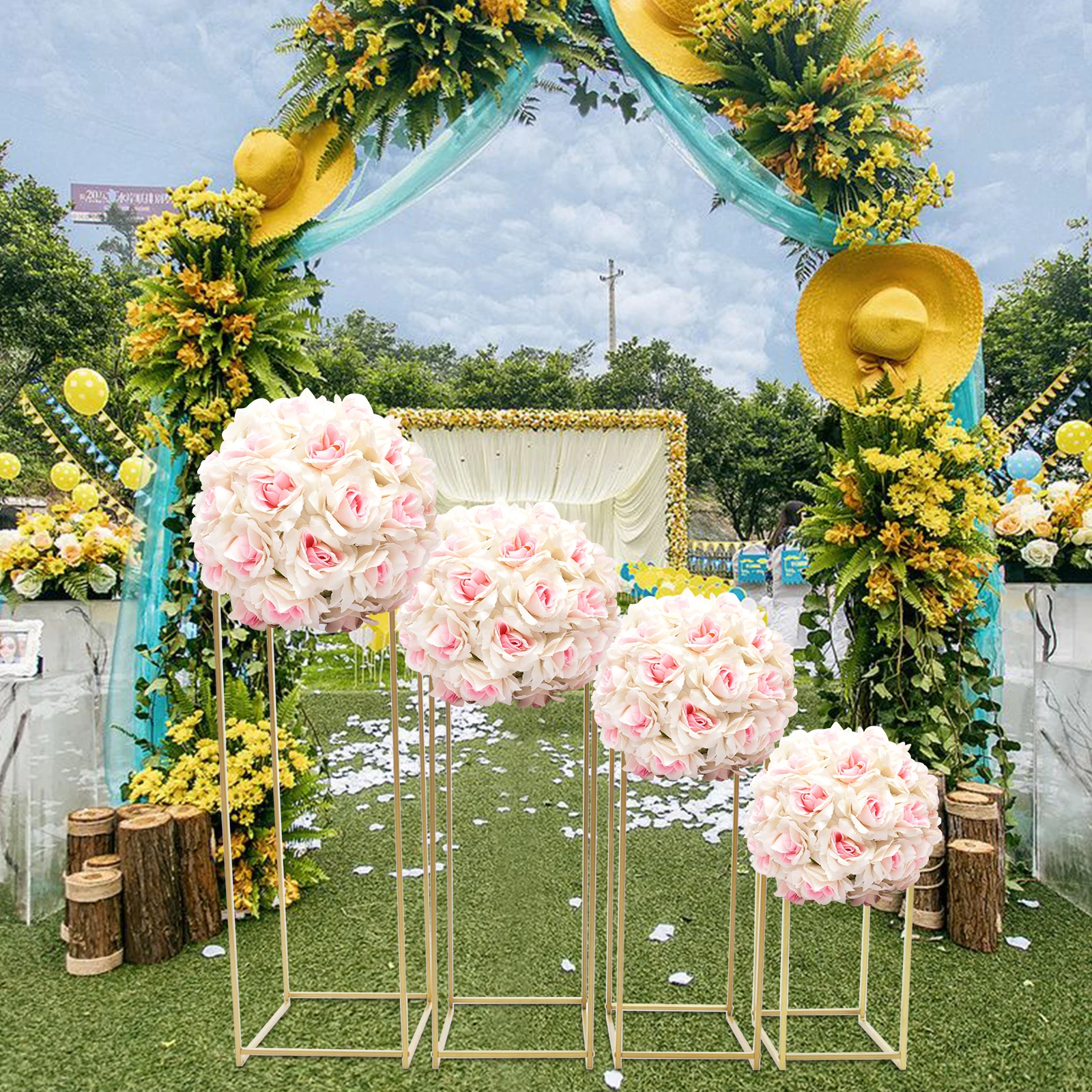 Wedding Flower Stand Metal Flower Stand Set Elegantly Column Cube Shape Backgrand Metal Floor Stand Garden Wedding Ceremony Home Party Decorations