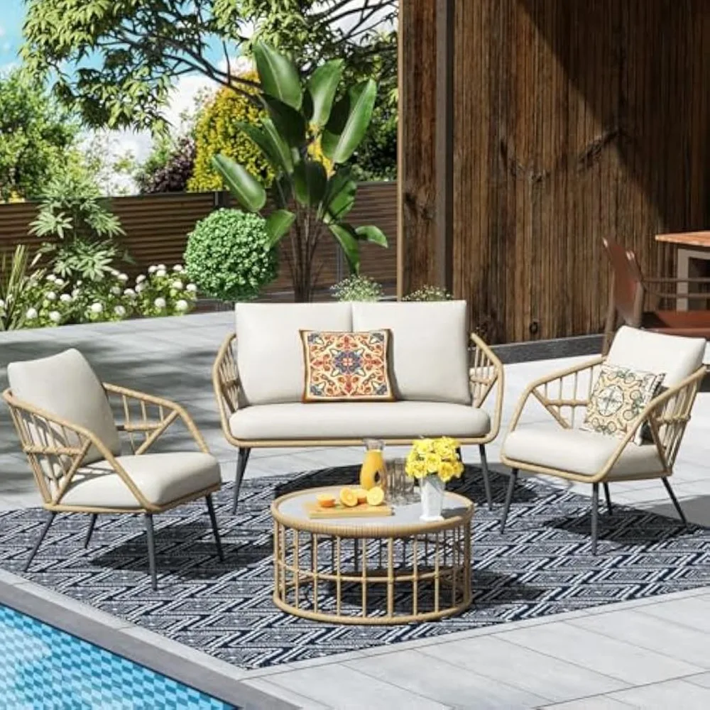 4 Pieces Outdoor Patio Furniture Set, PE Rattan Wicker Balcony Porch Deck Furniture, Conversation Set Patio Table and Chairs Set