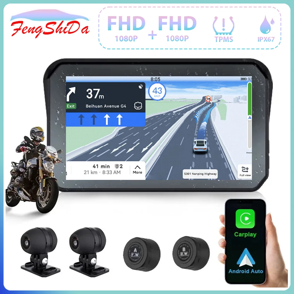 

Водонепроницаемый 1080P 5-дюймовый WiFi беспроводной Android-автомобильный видеорегистратор для мотоцикла, видеорегистратор, GPS-навигация TPMS