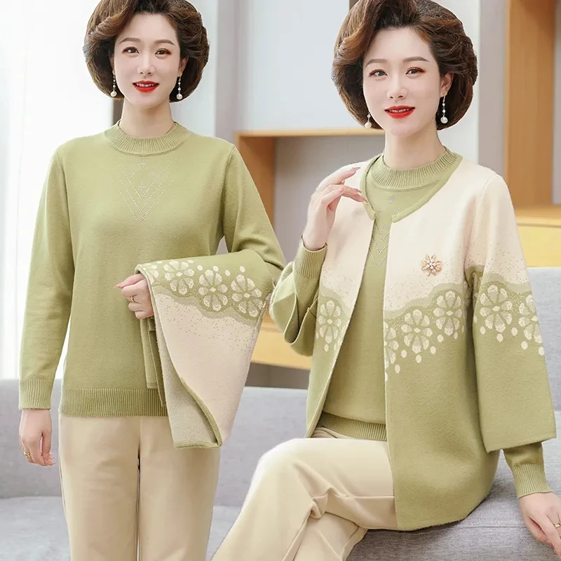 

Vintage Mother Autumn Two-Piece Set Top Middle-Aged And Elderly Women's Knitted Sweater Cardigan Autumn And Winter Wool Coat Sho