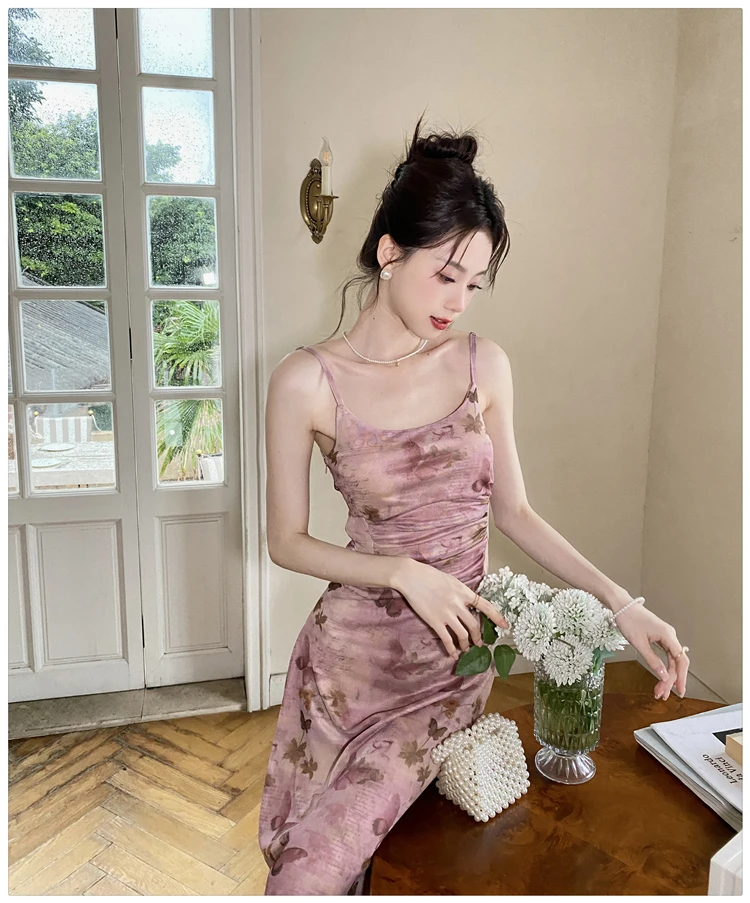 Sexy Printed Long Dresses for Women Mesh Spaghetti Strap Slim A-line Party Dress Summer Korean Fashion One Piece Vestido Mujer
