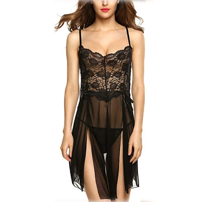 Women Lingerie Set Sexy Lace Pajamas Nightdress Thong Suit Mesh Floral