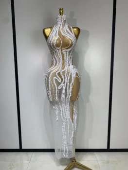 Women Luxury White Pearl Sequines Mesh Transparent Long Dress Club Elegant Evening Party Dress Birthday Photoshoot Clothing 1