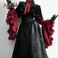 Gothic Shirt Y2k Top Lolita Girls Ruffle Umbrella Skirt High Waist Oversized Long Skirt Horn Long Sleeve Student Elegant Blouse - Image 5