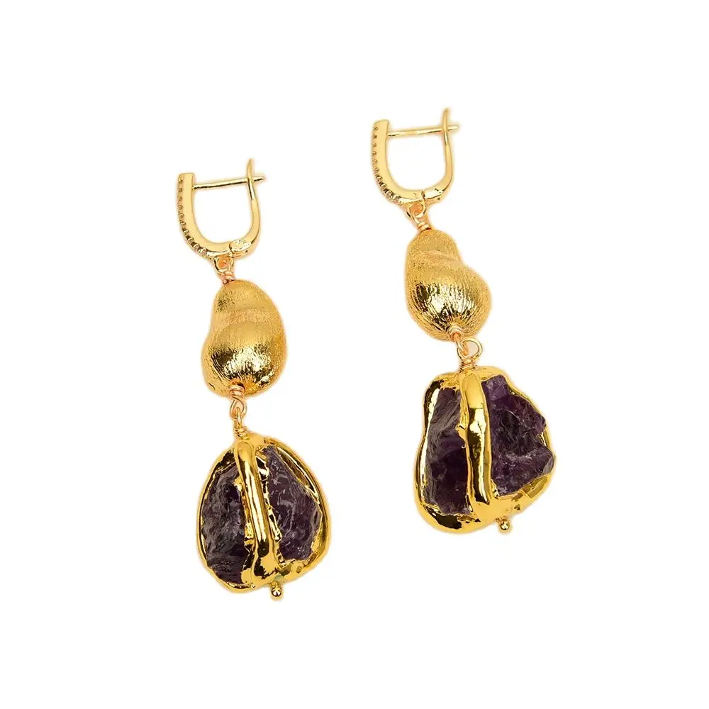 

GG Jewelry Natural Gold Plated Electroplated Edge Purple Amethyst Rough Nugget Dangle CZ Hook Earrings