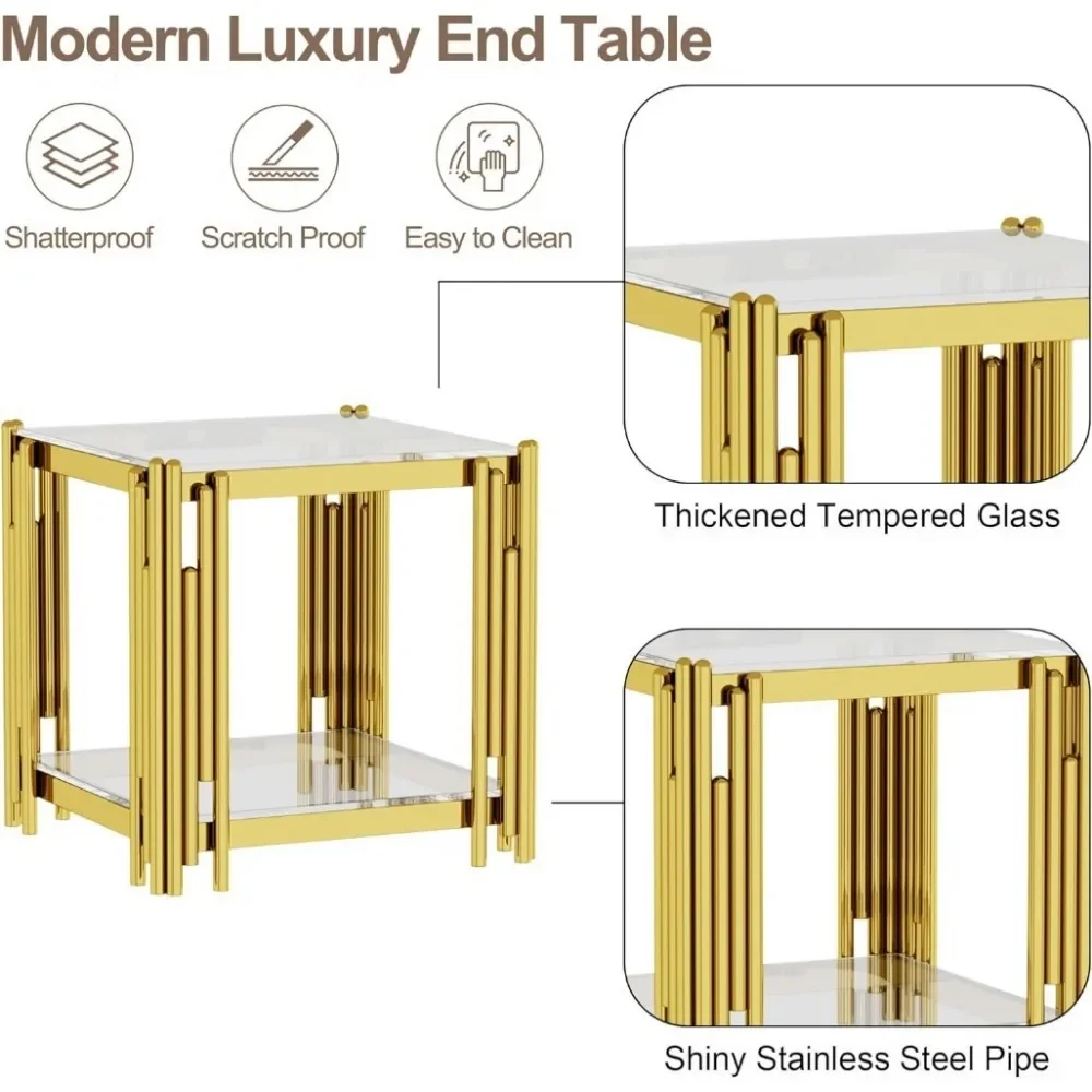 Gold Glass Living Room End Table Sofa Side Table 1Pcs, Stainless Steel Metal Leg, Square Clear Tempered Glass Small Corner Table 6