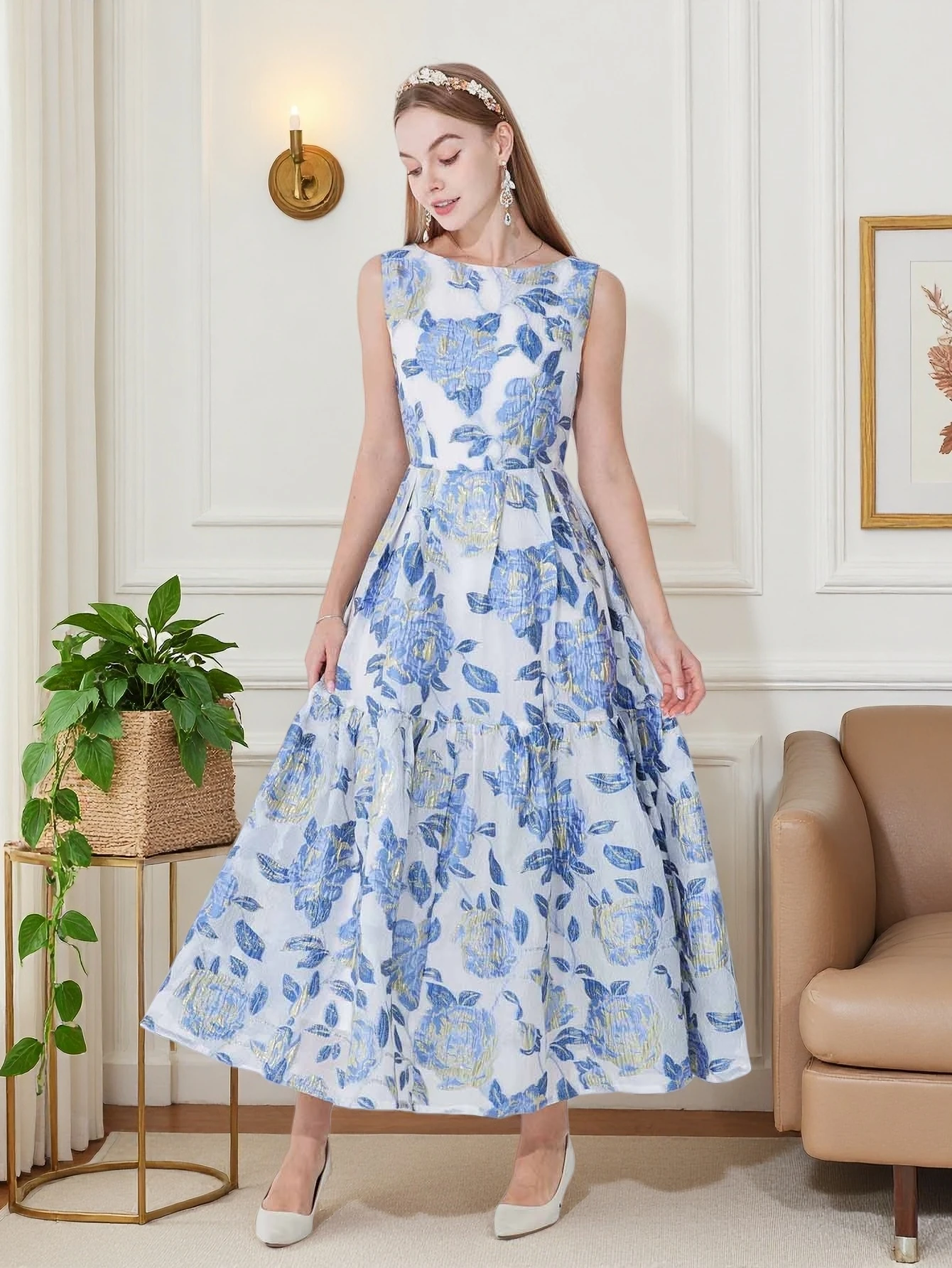 DEVCHATA Elegantes Organza Maxikleid Damen Ärmellos Boho Sommer Strand Abend Party Vestido
