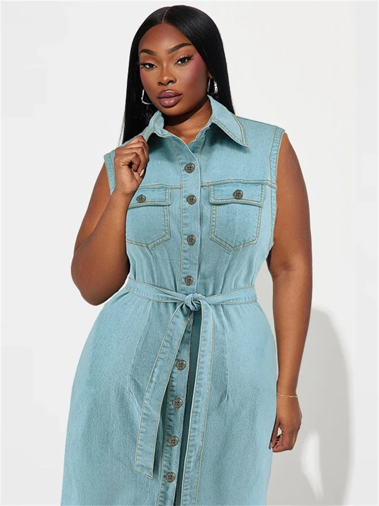 Wmstar Denim Plus Size Dresses for Women Summer 2024 Solid Button Elegant Shirts Maxi Dress Wholesale Dropshipping with Bandage
