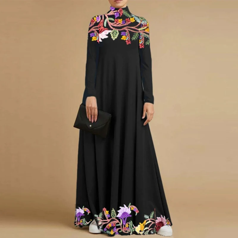 

Women New Vintage Full Sleeve Office Maxi Dress Loose Commute Lady Long Dress Fall Winter Elegant Floral Print Turtleneck Dress