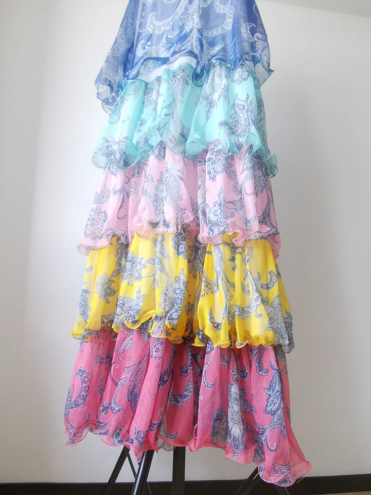 2025 Spring Summer Women's Sleeveless Tie-Waist Ruffle Tiered Midi Dress with Contrasting Details Party Vacation Dress 6