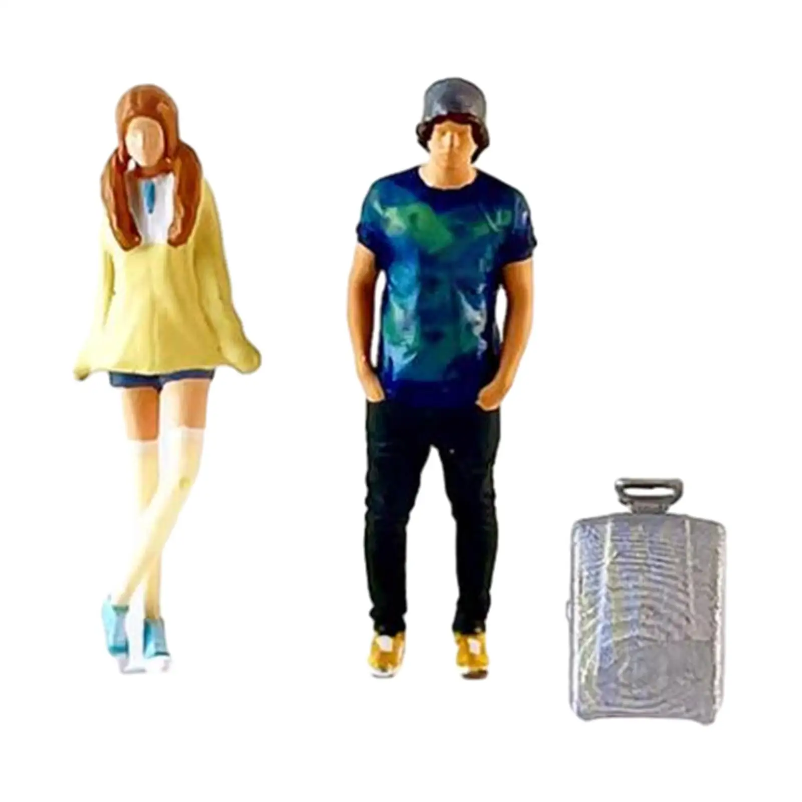 3Pcs 1/64 Boy and Girl Figures with Suitcase Model DIY Projects Desktop Ornament