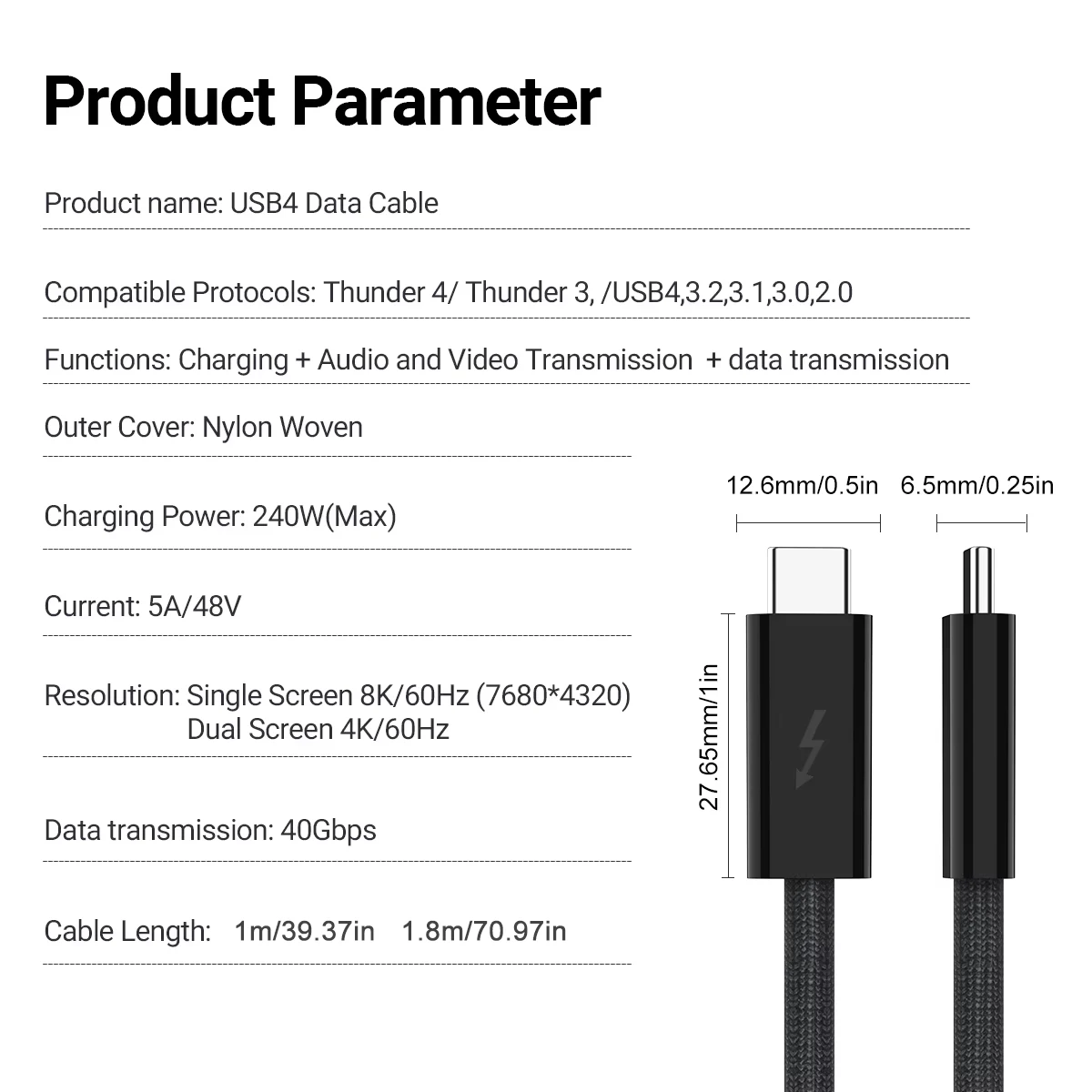 240W USB4 타입-C to 타입-C 케이블 40Gbps 썬더볼트 3/4 호환 전화 아이패드 스위치 8K60 HD 초고속 충전 데이터 케이블