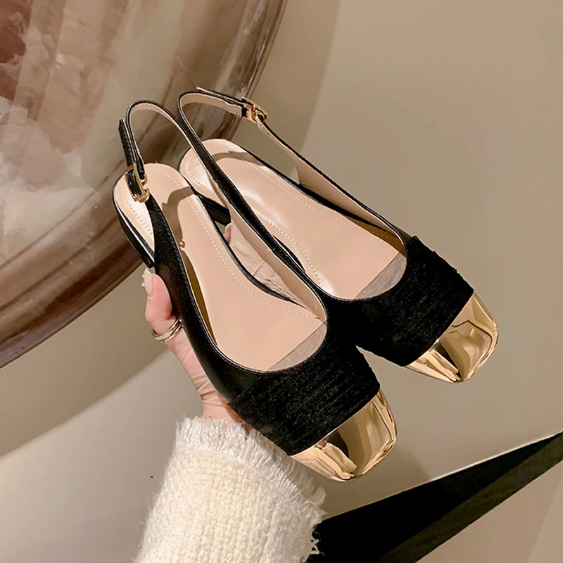 New Women Wedding Shoes Ladies Cross-tied Ankle Strap Sandals Gold Toe Mid Heels Dress Shoes Mixed Color Sandalias Mujer Summer