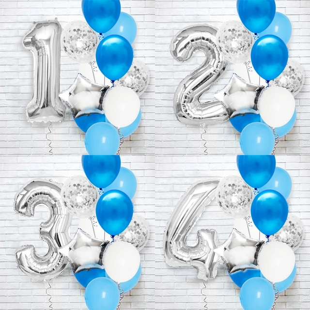 Un Niño De 3 Años Celebra Su Cumpleaños. Globos Azules Y Plateados. Foto de  archivo - Imagen de invierno, cabrito: 217108798