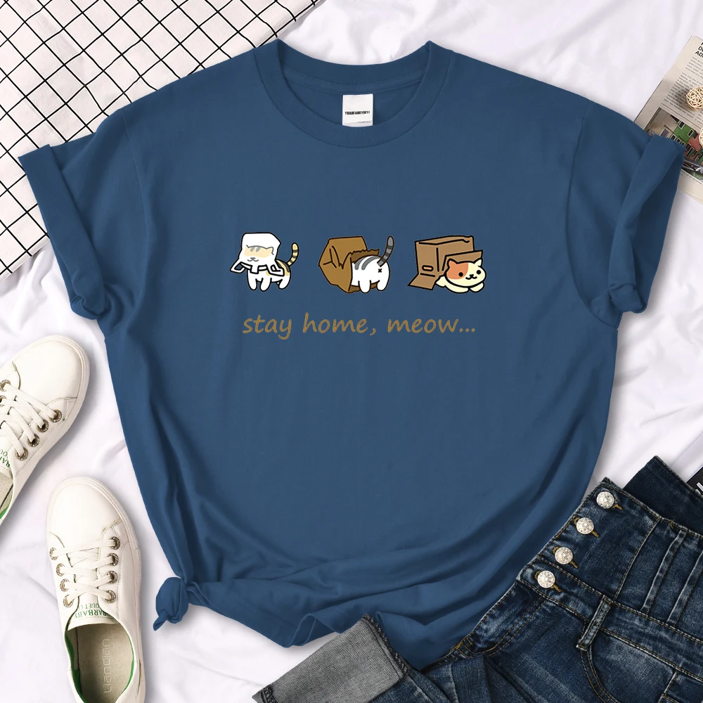 Kawaii Three Mini Cat Animal Stay Home Meow Print Women Tshirts Oversize Tops o-Neck Tee Shirt Casual Style Female Tee Shirts