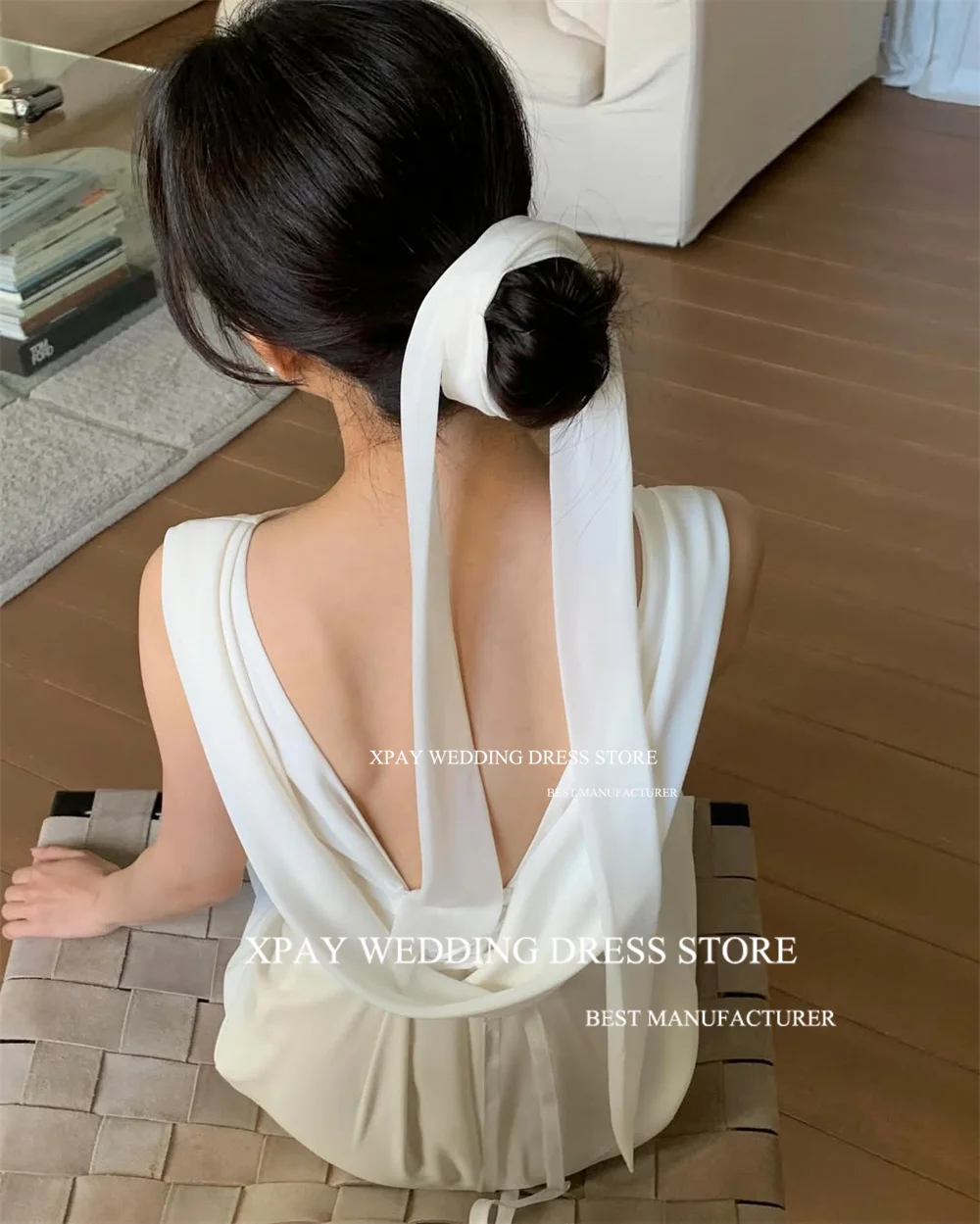 XPAY Elegant Scoop Neck Korea Wedding Party Dresses Cowl Backless Satin Customized Bride Dress Backless Bridal Gown Photos Shoot 4