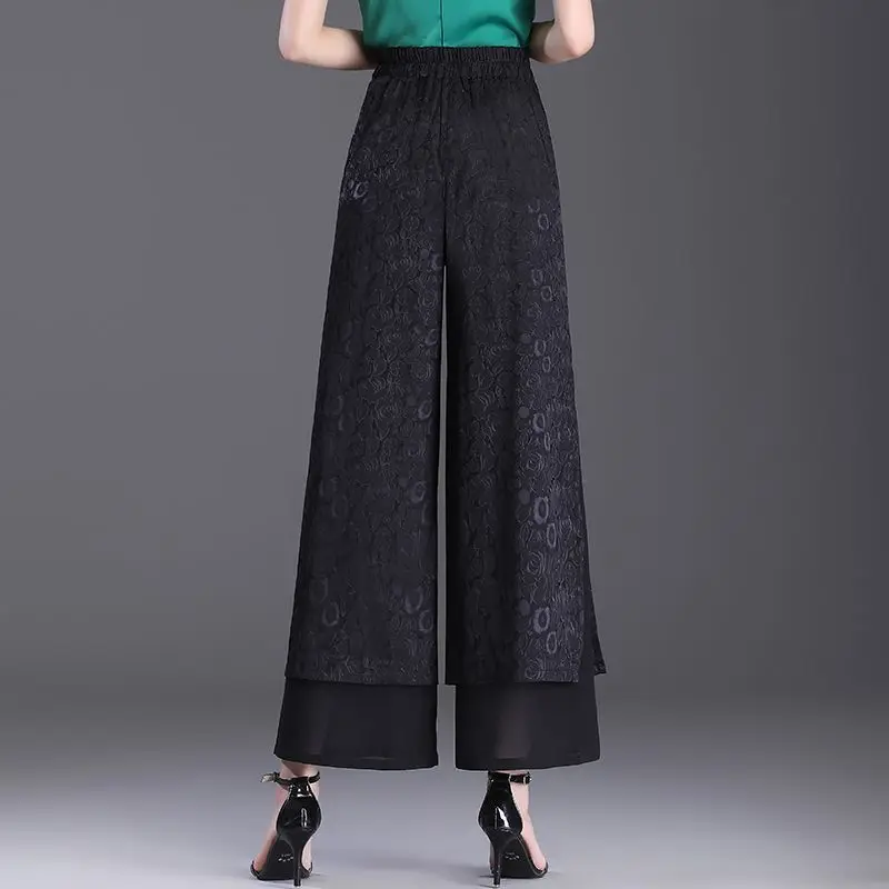 Fashion Elegant Simple High Waist Split Wide Leg Pants Women's Panelled Print Summer New Pockets Jacquard Straight Trousers 2024