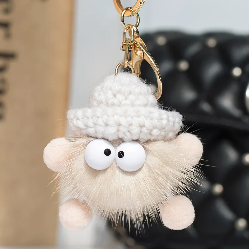 Cute Pluff Monster Keychain Real Mink Fur Key Chains For Women Bag