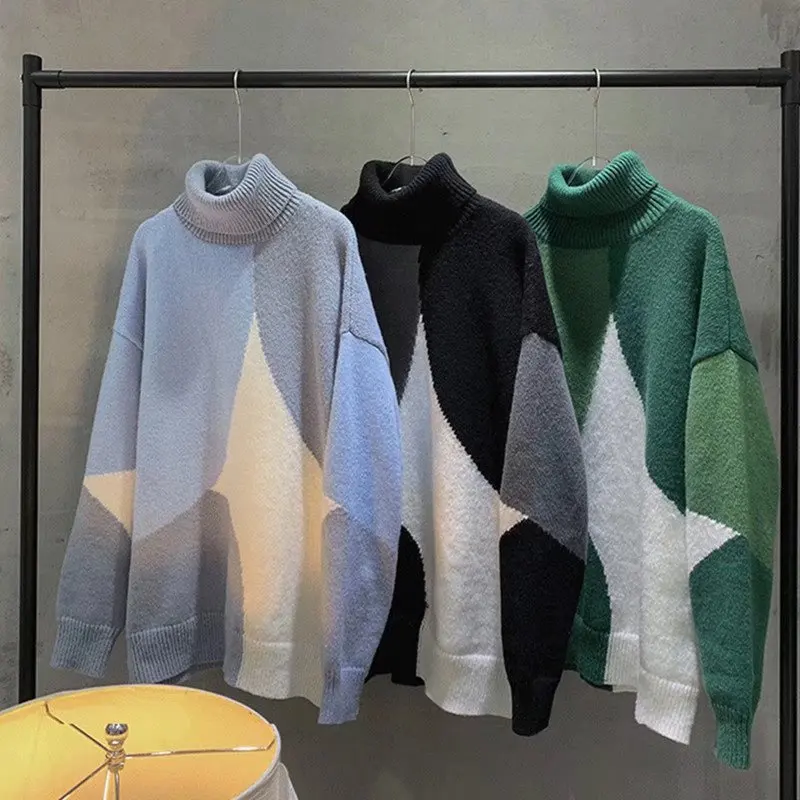 High Necked Sweater for Men Loose and Lazy Style High-end Trend Color Matching Autumn and Winter Top Soft Couple Base Knit Shirt
