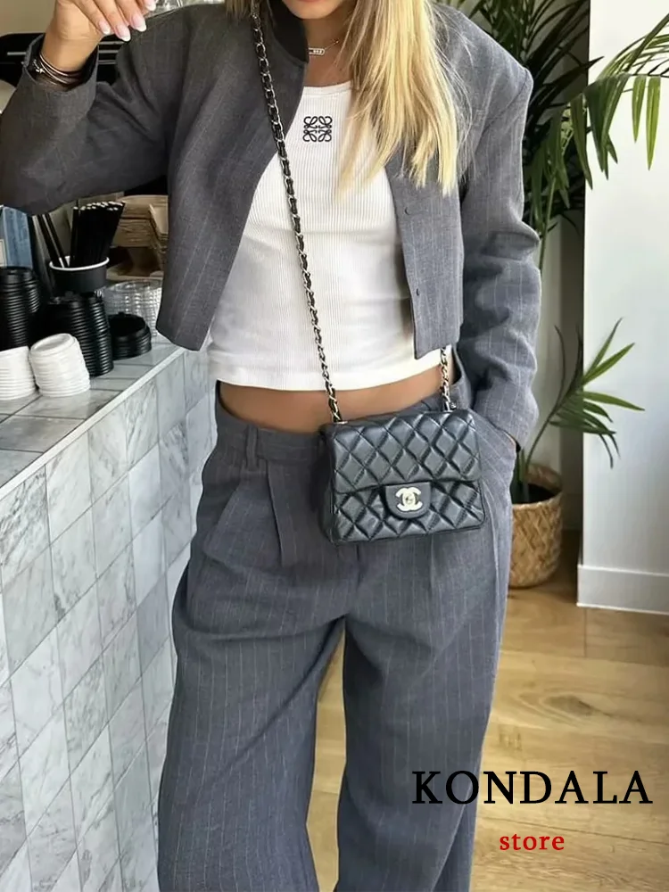 

KONDALA Повседневный шикарный серый полосатый Женский костюм с круглым вырезом Блейзер прямые свободные брюки Новая мода 2024 осень зима офисные женские комплекты