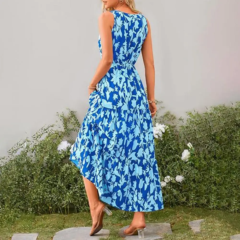 

Women Dress Beach Dress Floral Print V Neck Maxi Dress for Women A-line Vacation Sundress with Elastic High Waist Beach Holiday