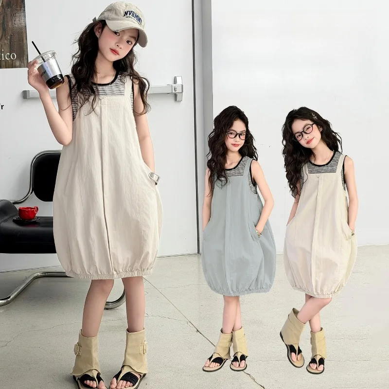 Kinderkleidung Mädchen Sommer 2026 Gestreiftes Ärmelloses Tanktop und Trägerkleid Minimalistisch Lässig Locker Bequem
