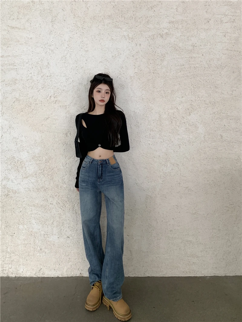 New Autumn Girls Cotton Jeans High Waist Wide Legs Straight Design Sand Blast Wrinkle Washed European Fashion Women Jeans