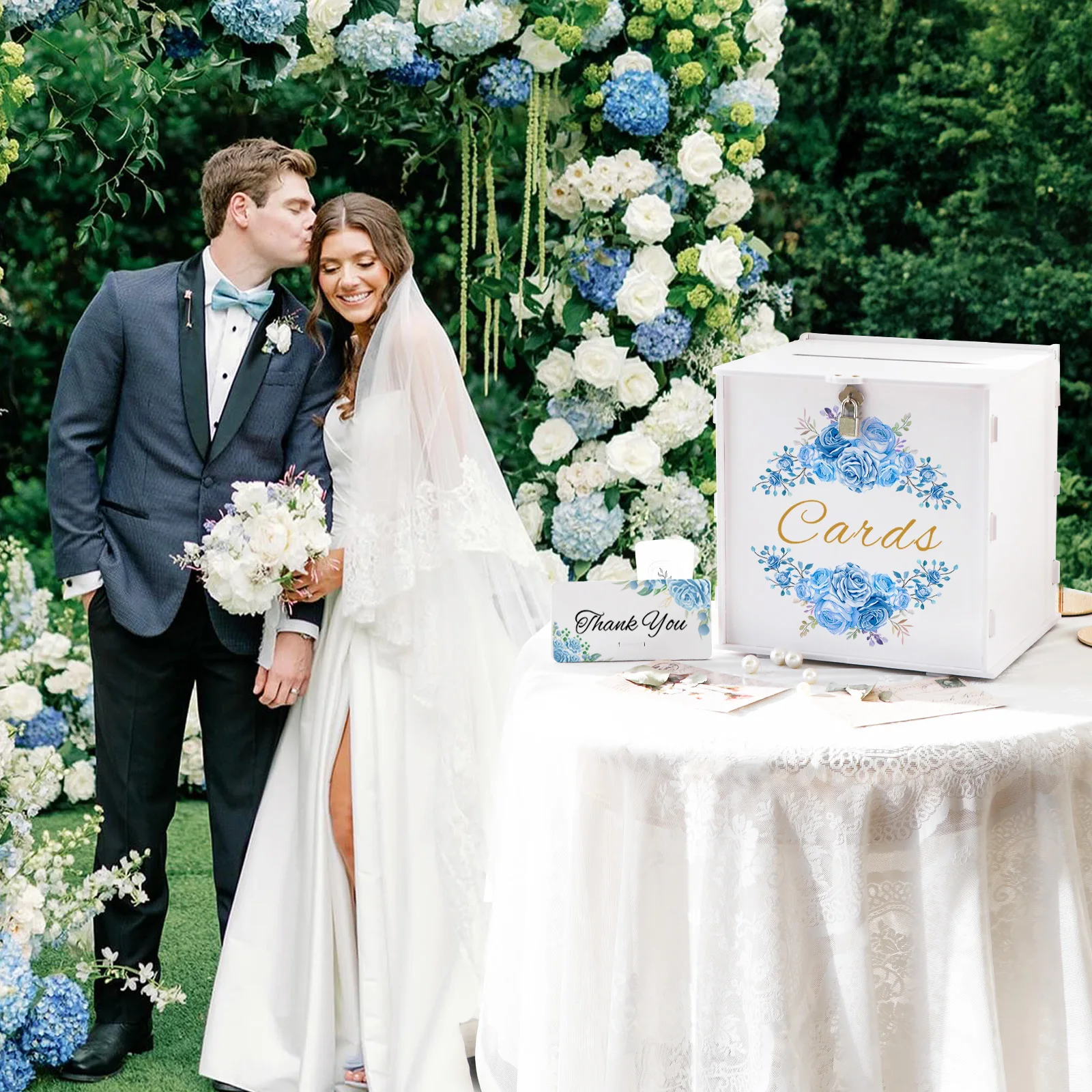 White Blue Double Flower Cluster Wedding Card Box with Lock, PVC Gift Card Box for Wedding Reception, Graduation Baby Shower