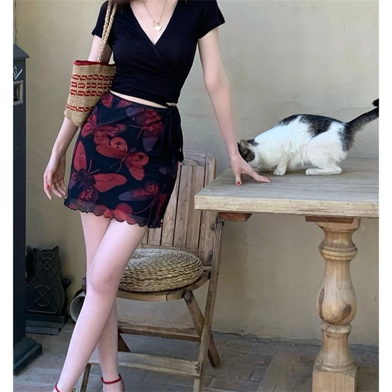 

Women's Butterfly Print Black Mesh Short Skirt Summer New Chic Fashion Female Sexy Vintage A-line MiniShort Skirt 4XL