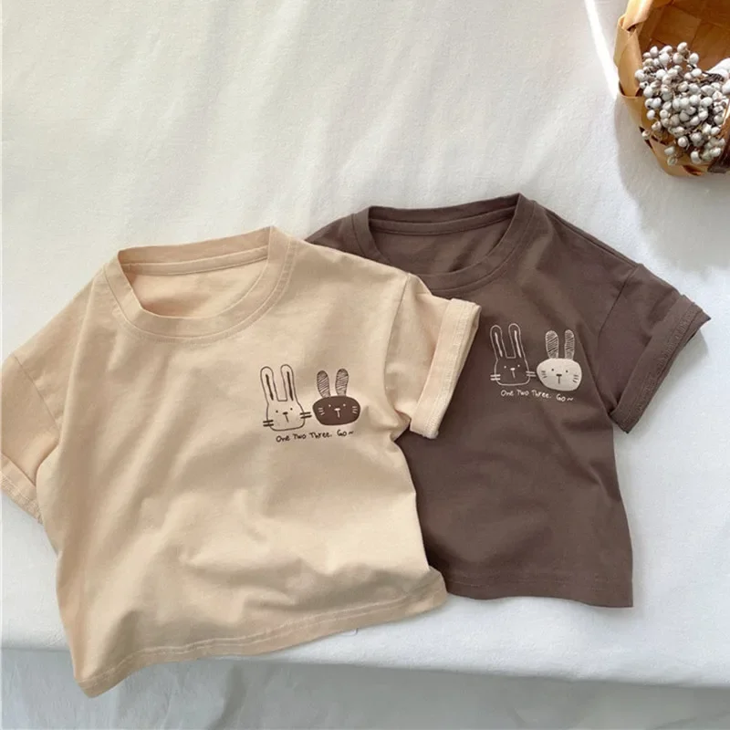 2025 Summer New Arrivals Children's short sleeve T-shirts Pure Cotton 2-7Y Cartoon Bunny T shirt Boys and Girls Looe casual Tops