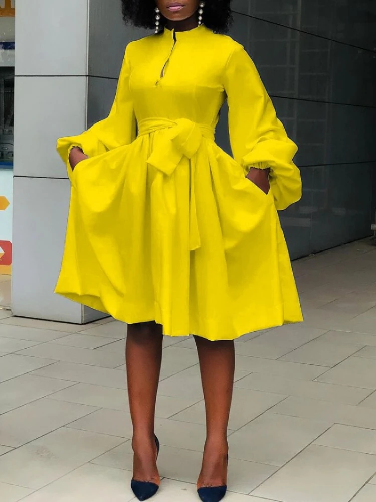 5XLElegantWomenWhiteYellowDressFashionCasualSolidLanternLong