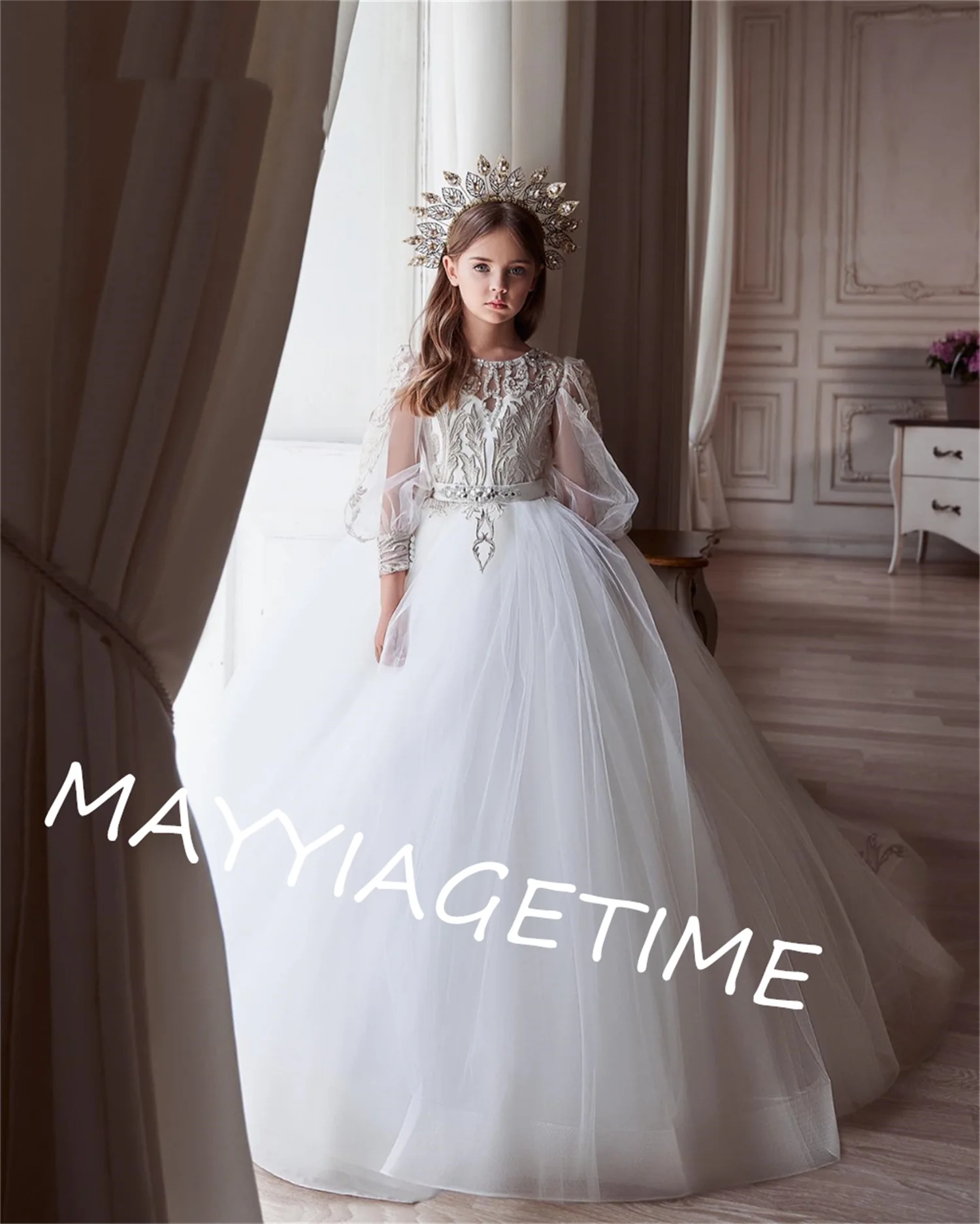 

Lace Ivory Long Sleeves Puffy Princess Kids Birthdays Dresses Baby First Communion Flower Girl Dress for Very Elegant Party