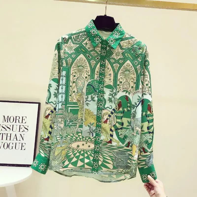 2023 New Spring and Summer Fashion Art Retro Hong Kong Style Simple Polo Collar Fragmented Flowers Casual Loose Oversize Shirt