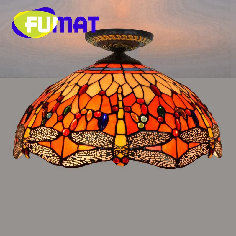 

FUMAT Tiffany style stained glass 16inch red Dragonfly Pendant lamp ceiling light for dining room bedroom hallway LED decor